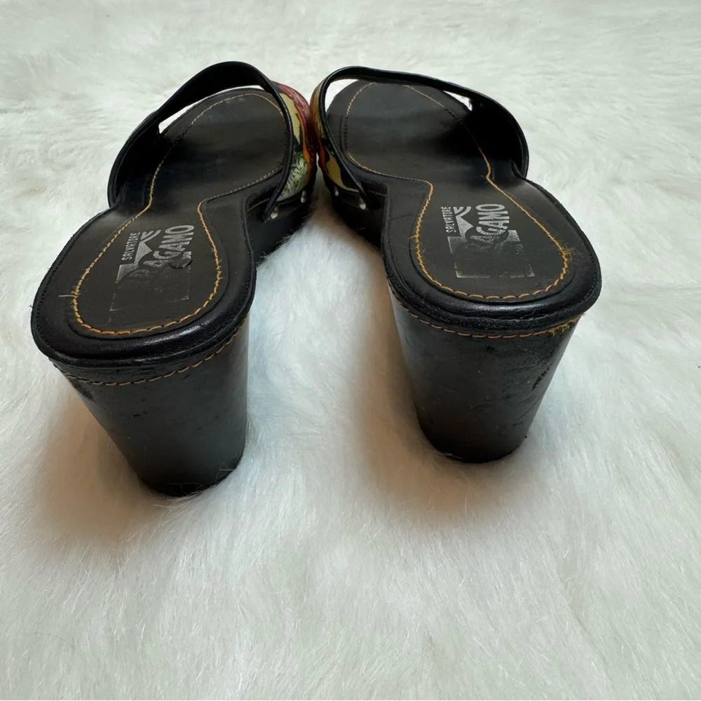 Vintage Salvatore Ferragamo Denim Studded Floral Pattern Wooden Wedges - Picture 4 of 7
